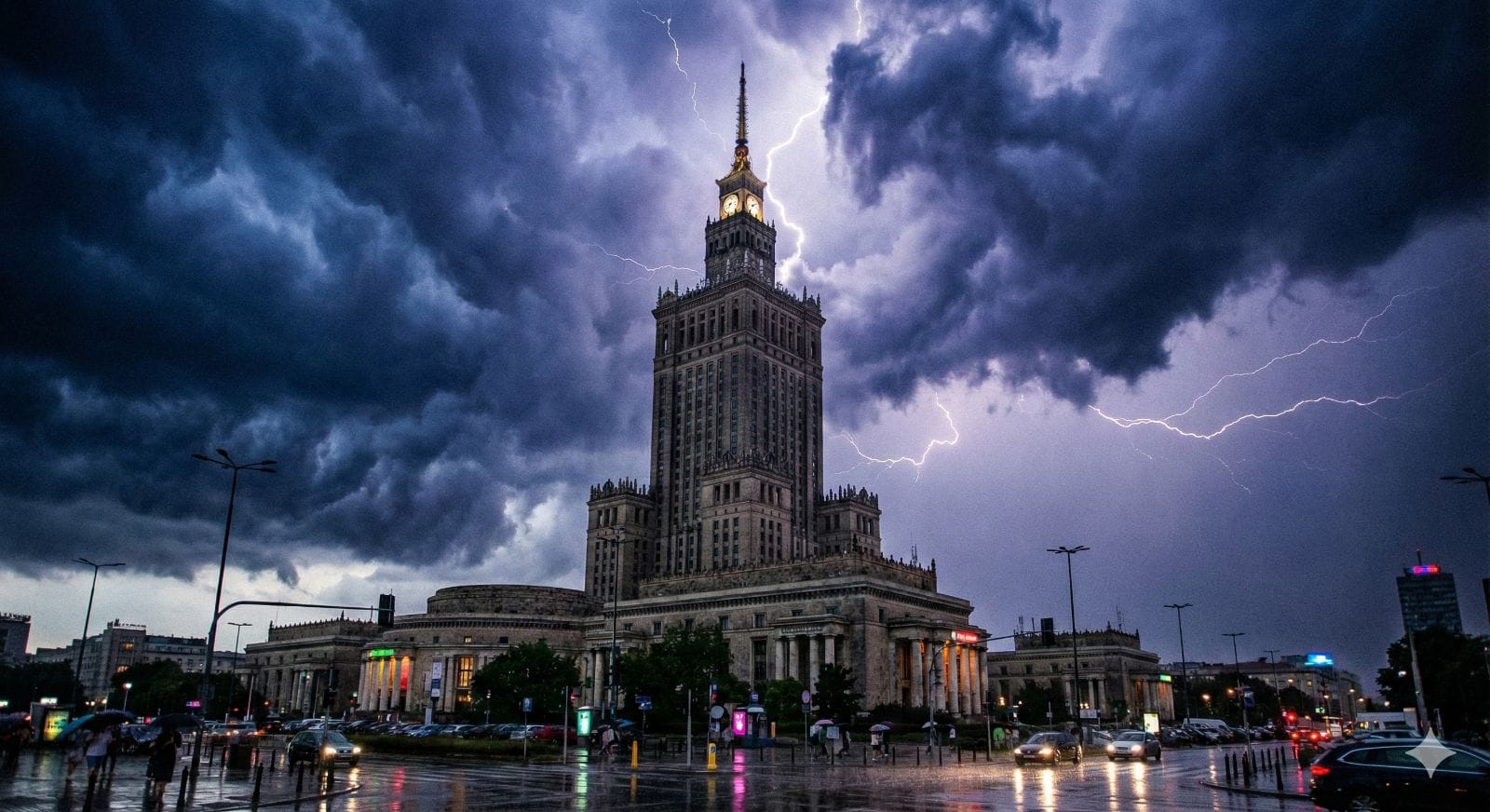 Ujęcie na Pałac Kultury i Nauki z ulicy. Jego iglica przecina gęste, ciemne, burzowe chmury, a wokół niego widać pioruny. Wokół PKiN na ulicy samochody w aurze deszczu.