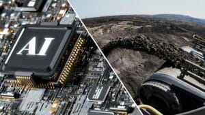 Zdjęcie podzielone na dwie części. Po lewej półprzewodnik z napisem AI, po prawej - maszyna przesypująca węgiel w kopalni.