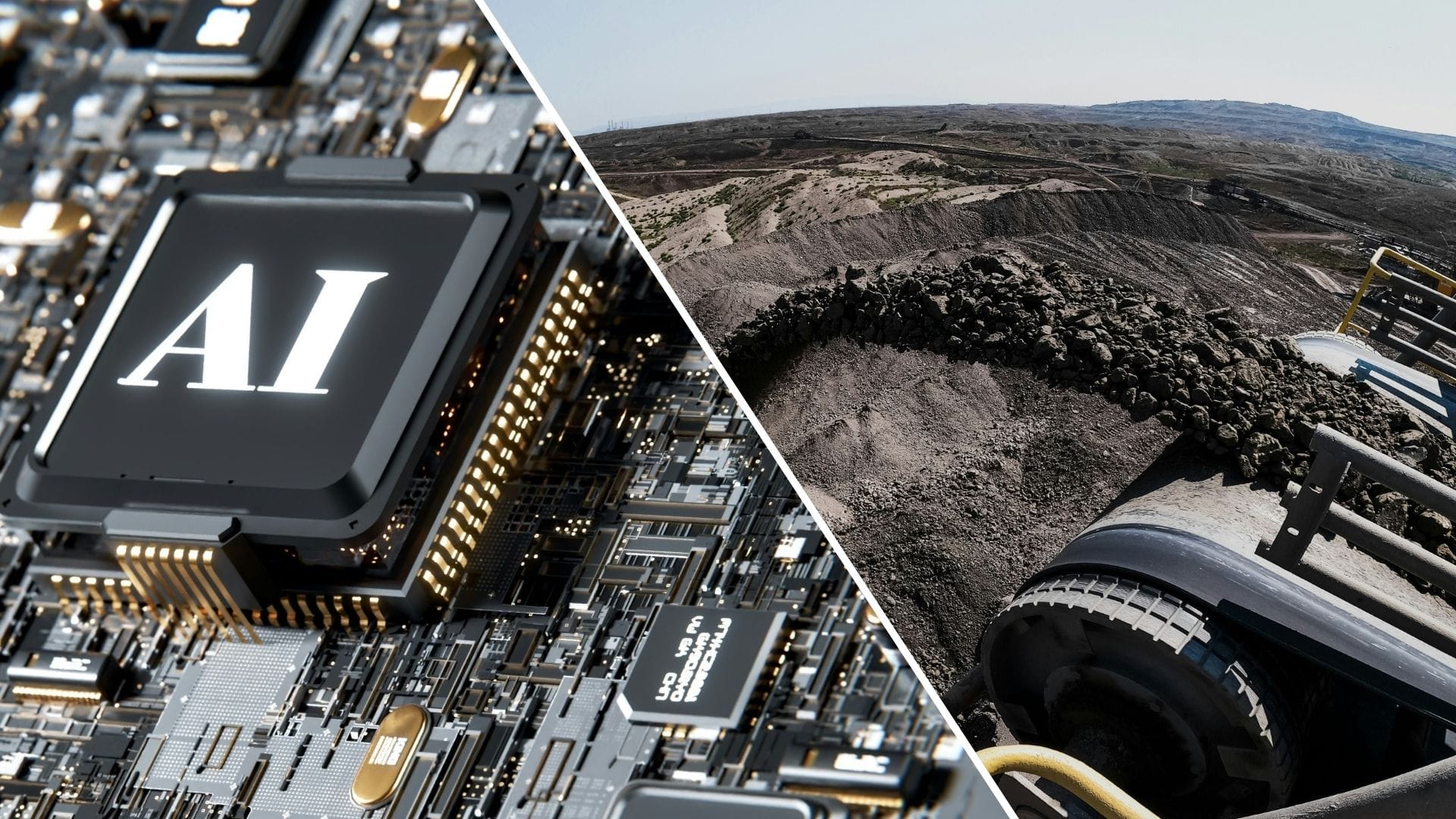 Zdjęcie podzielone na dwie części. Po lewej półprzewodnik z napisem AI, po prawej - maszyna przesypująca węgiel w kopalni.