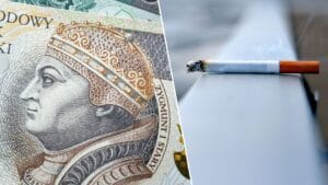 Zdjęcie podzielone na dwie części. Po lewej części jest fragment banknotu o nominale 200 zł z wyraźnym wizerunkiem Zygmunta I Starego. Po prawej znajduje się palący się papieros pozostawiony na balustradzie balkonu.