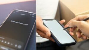Zdjęcie podzielone na dwa. Po lewej znajduje się telefon z otwartym panelem chatbota, po prawej - mężczyzna z paczką dający telefon do pokwitowania jej odbioru.