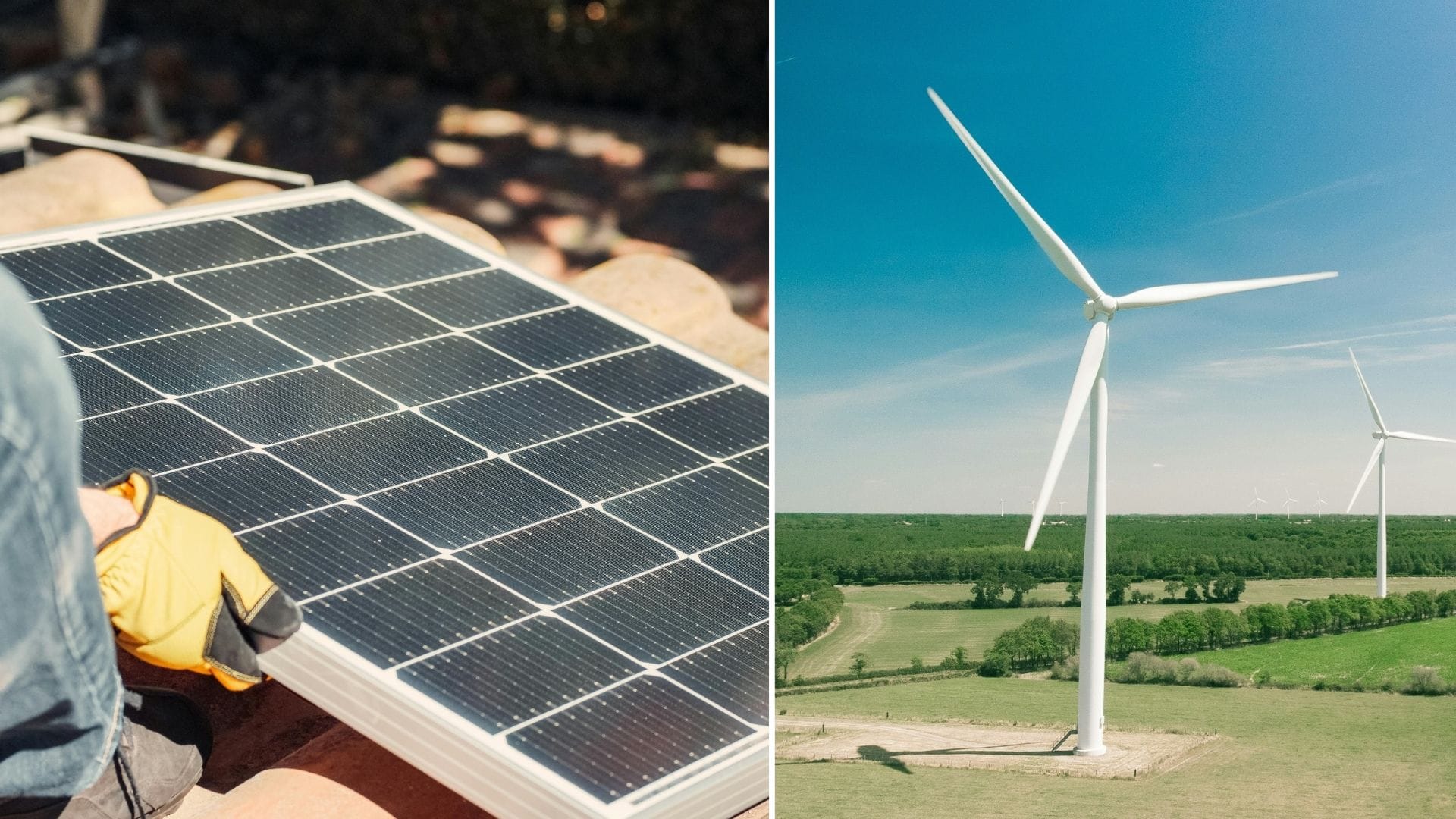 Zdjęcie przedzielone na pół. Po lewej stronie jest mężczyzna w dżinsach i rękawicach ochronnych montujący fotowoltaikę. Po prawej - turbina wiatrowa na polu w piękny, letni dzień.
