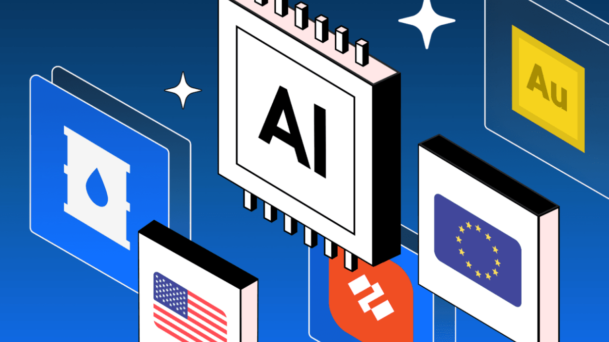 Izometryczna ilustracja mikroprocesora oznaczonego napisem AI otoczonego panelami z ikonami — flaga USA, flaga UE, żółty kwadrat z literami Au oraz inne symbole na gradientowym niebieskim tle.
