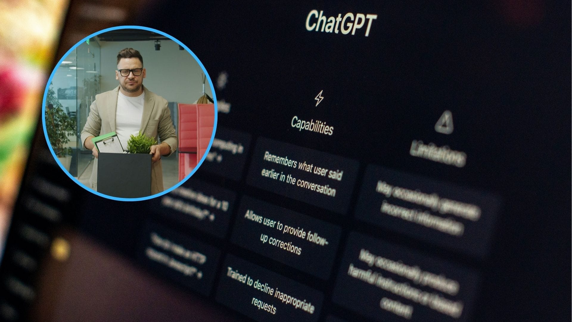 Na zdjęciu jest monitor z panelem głównym ChatGPT. W kółku w lewym górnym rogu jest mężczyzna w okularach pakujący swoje rzeczy do kartonu.