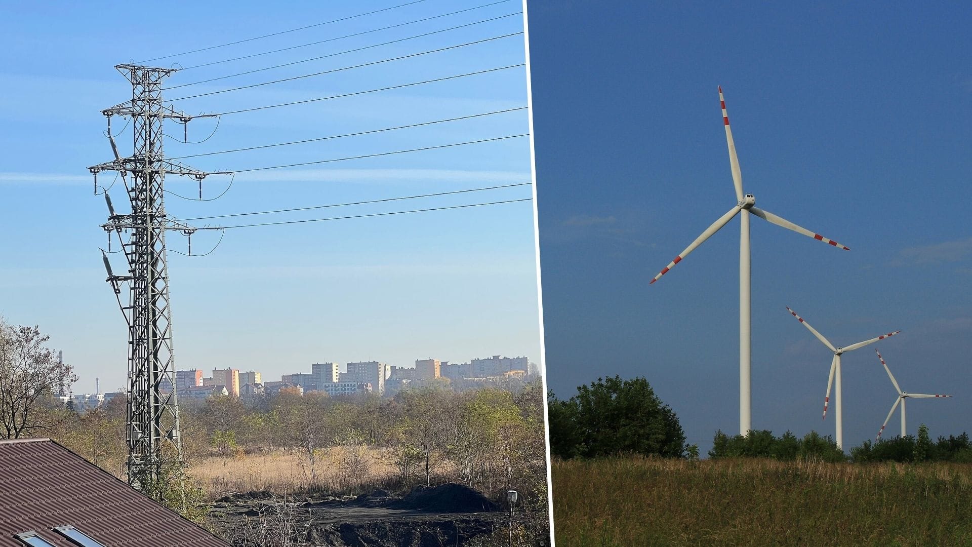 Zdjęcie podzielone na dwie części. Po lewej słup wysokiego napięcia na tle miasteczka. Po prawej - trzy turbiny wiatrowe wieczorową porą.