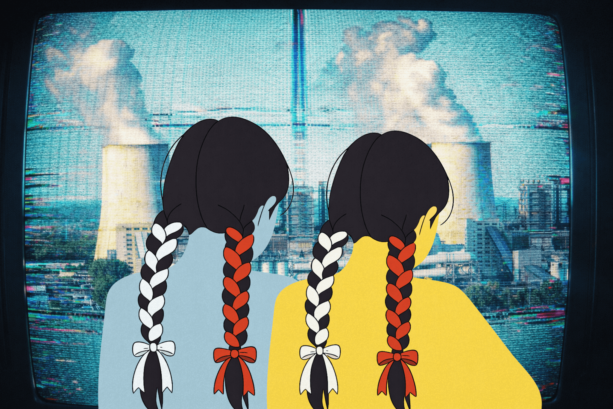 Dwie dziewczynki na tle elektrowni atomowej