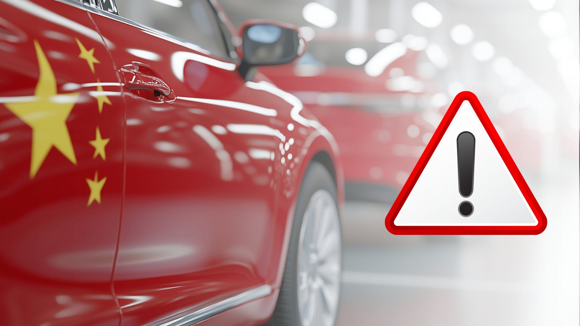 Czerwony samochód z chińską flagą. Po prawej znak ostrzegawczy