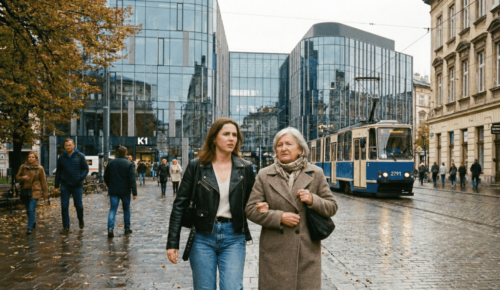 Dwie kobiety idą chodnikiem na polskiej drodze. Jedna jest młoda, druga starsza
