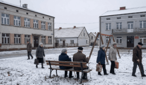 Na zdjęciu widzimy małe miasteczko, w którym są sami seniorzy, nie ma ludzi młodych