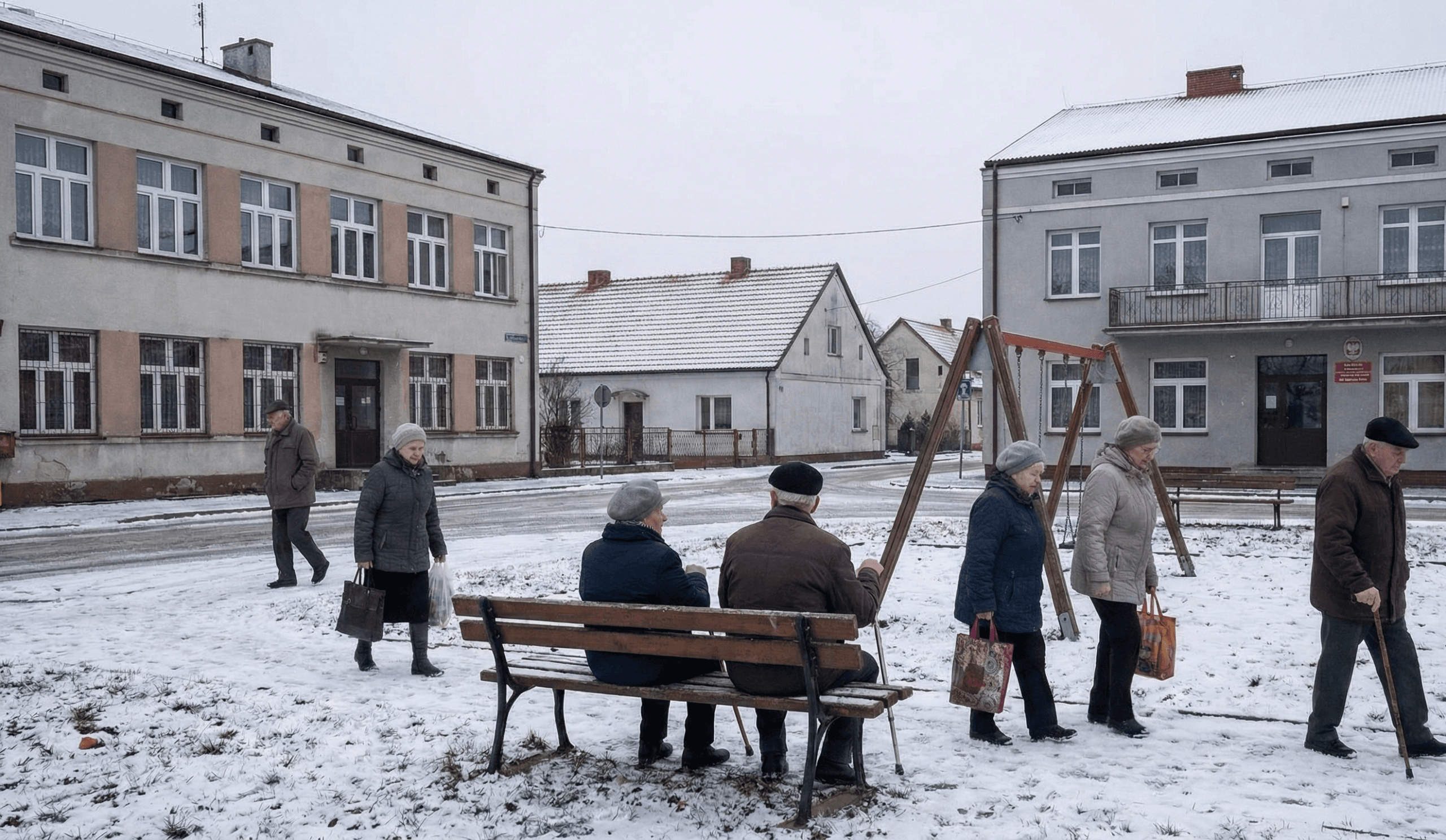Na zdjęciu widzimy małe miasteczko, w którym są sami seniorzy, nie ma ludzi młodych