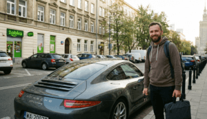Informatyk z Polski stoi przy swoim Porshe w Warszawie