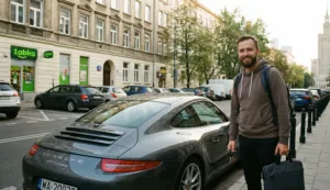 Informatyk z Polski stoi przy swoim Porshe w Warszawie