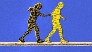 Grafika, na której dwie osoby idą po cienkiej linii