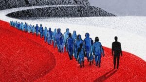 Grafika, na której widać ludzi - migrantów - idących obok czarnej postaci na polskiej fladze narodowej