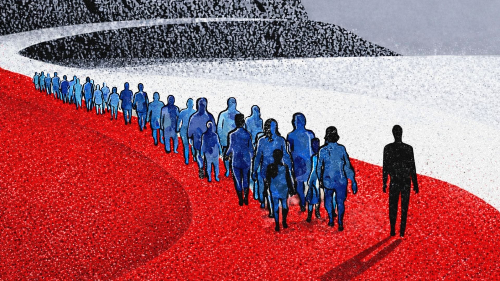 Grafika, na której widać ludzi - migrantów - idących obok czarnej postaci na polskiej fladze narodowej