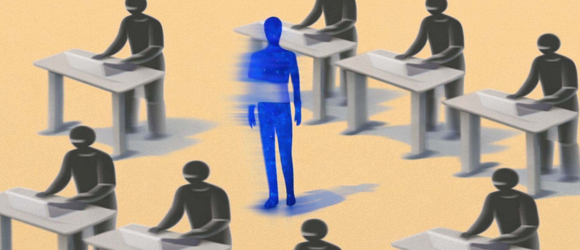 Osoba w niebieskim wśród innych pracujących osób przy biurkach