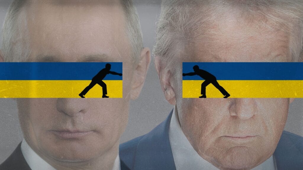 Na zdjęciu twarze Władimira Putina i Donalda Trumpa. Na ich oczach jest pasek w kolorze flagi ukraińskiej, końcówki tych pasków pchają ku sobie małe, czarne ludziki przypominające zabawkowe żołnierzyki.