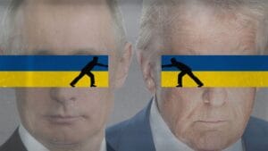Na zdjęciu twarze Władimira Putina i Donalda Trumpa. Na ich oczach jest pasek w kolorze flagi ukraińskiej, końcówki tych pasków pchają ku sobie małe, czarne ludziki przypominające zabawkowe żołnierzyki.