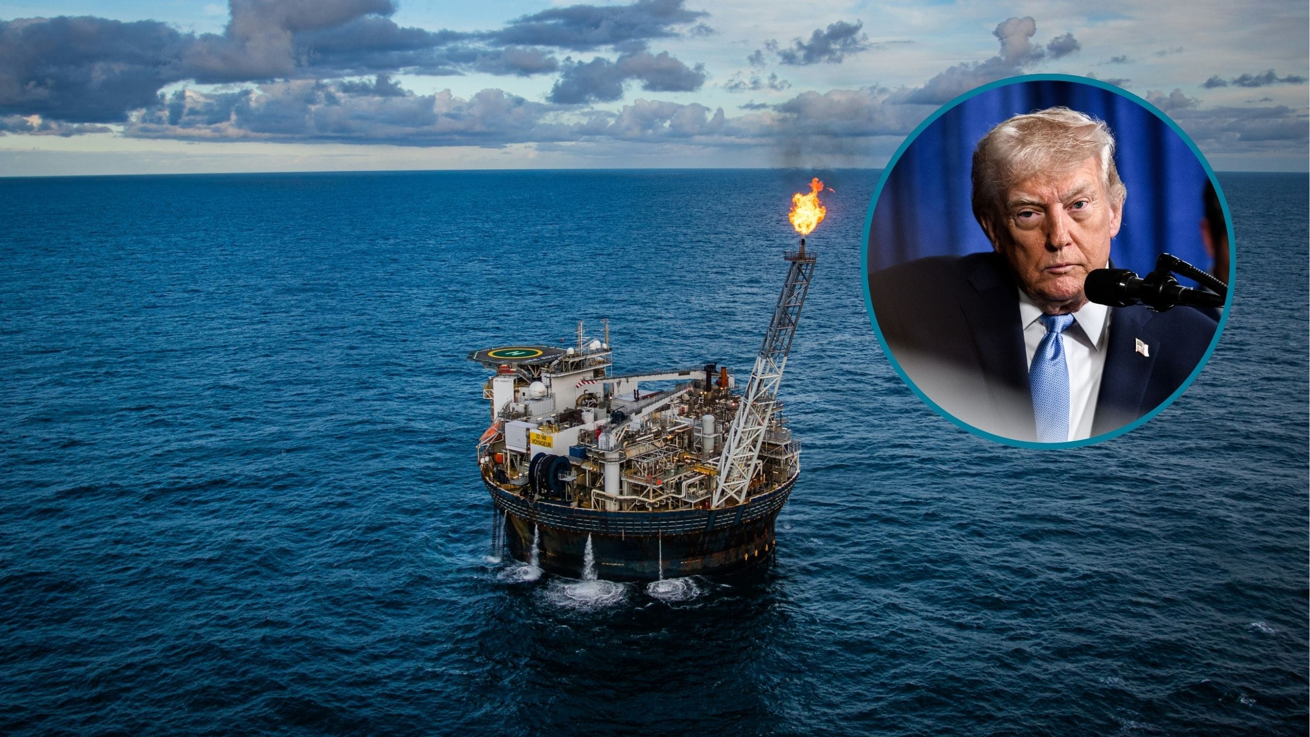 Platforma wiertnicza na oceanie. W prawym górnym rogu kółko w lazurowo-niebieskim obramowaniu; w środku twarz Donalda Trumpa