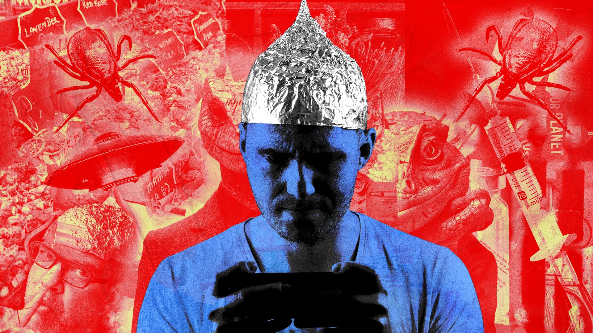 Osoba z folią aluminiową na głowie.