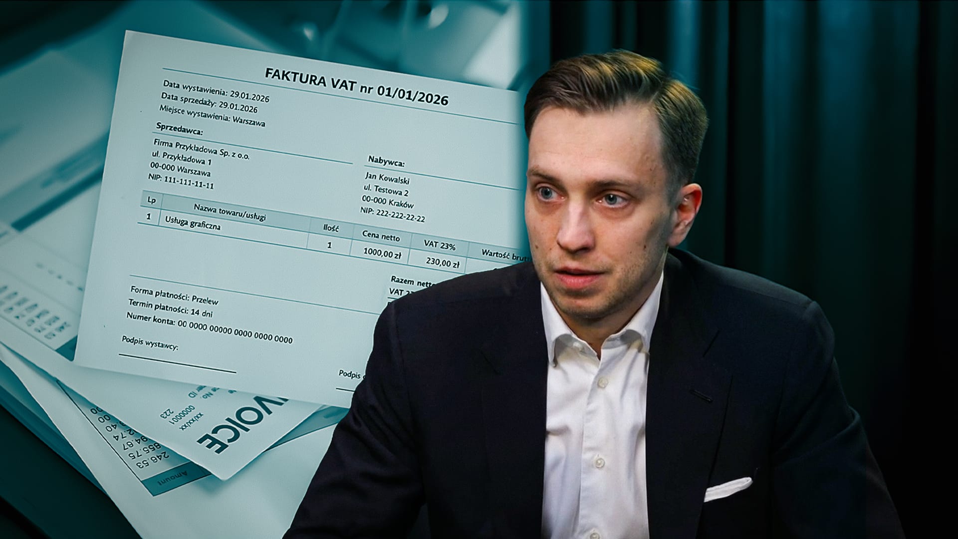 Jakub Bubas, partner EY na tle faktury VAT, którą będzie się wprowadzać do systemu KSeF