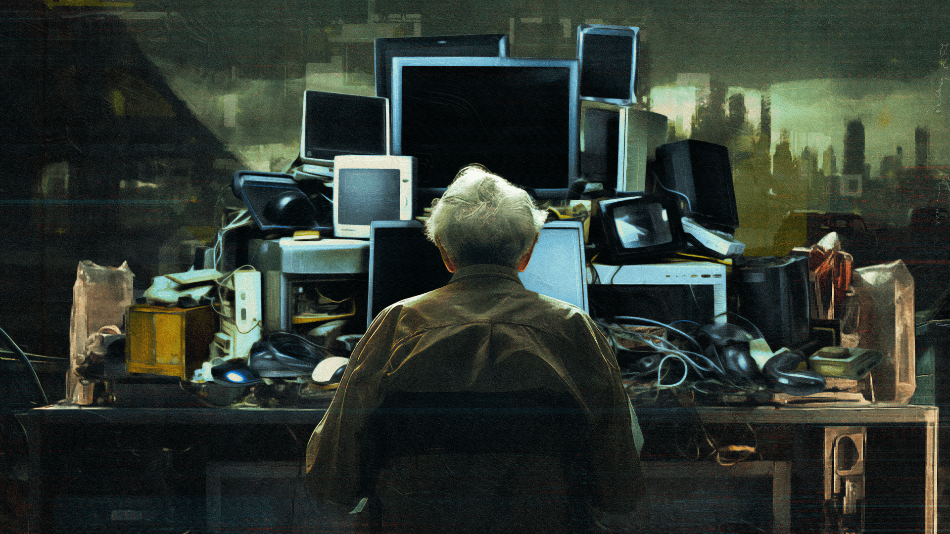 Grafika przedstawiająca siwego mężczyznę siedzącego przed stertą monitorów - tak starych, jak i nowych.