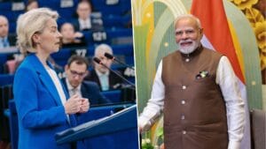 Na zdjęciu widoczni są Ursula von der Leyen i PMO Indii Modi