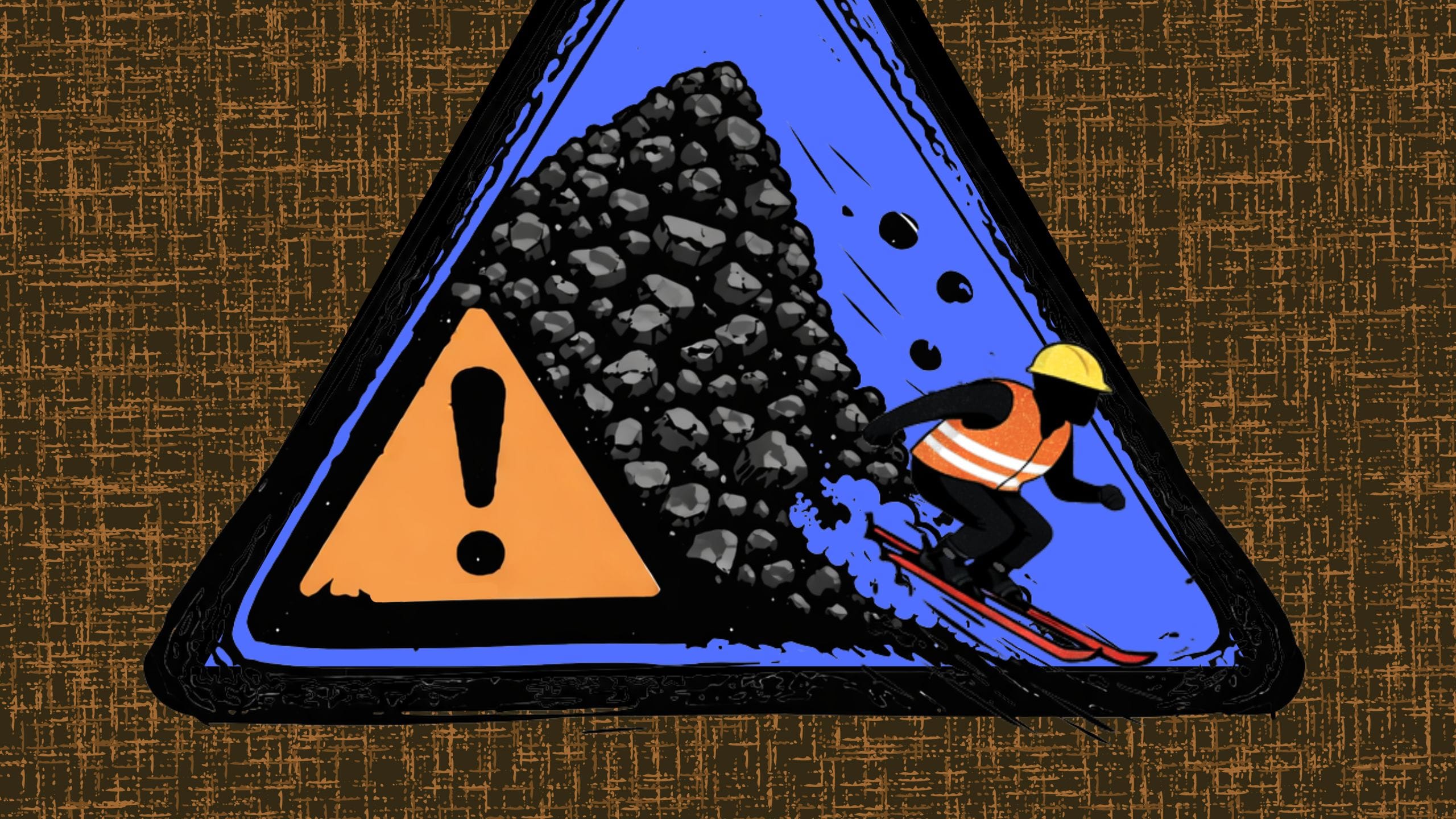 Grafika przedstawiająca górnika na nartach zjeżdżającego z hałdy węgla. Obok niej umieszczony jest znak ostrzegawczy