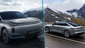 Dwa ujęcia na nowoczesny samochód elektryczny w krajobrazie