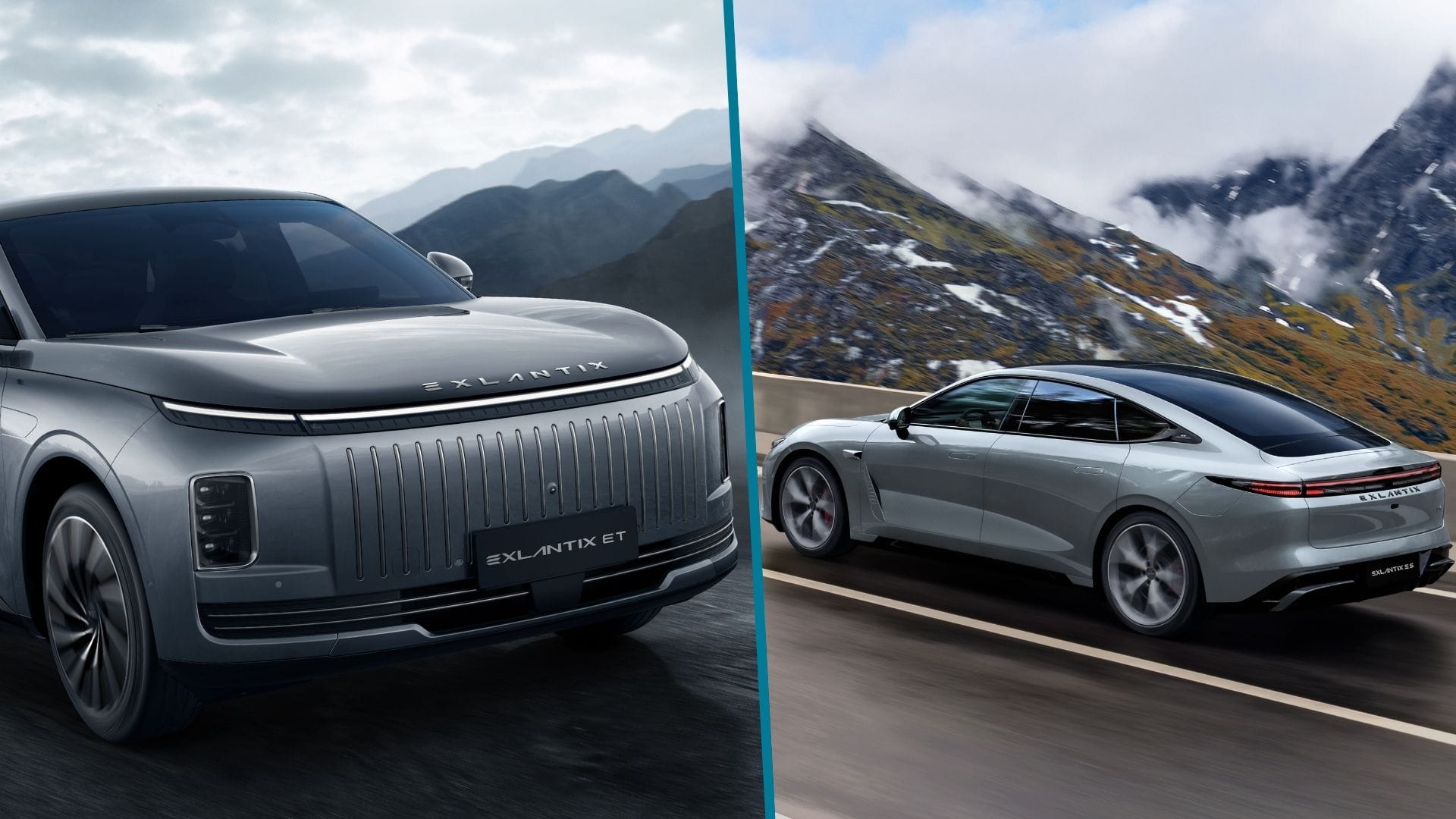 Dwa ujęcia na nowoczesny samochód elektryczny w krajobrazie