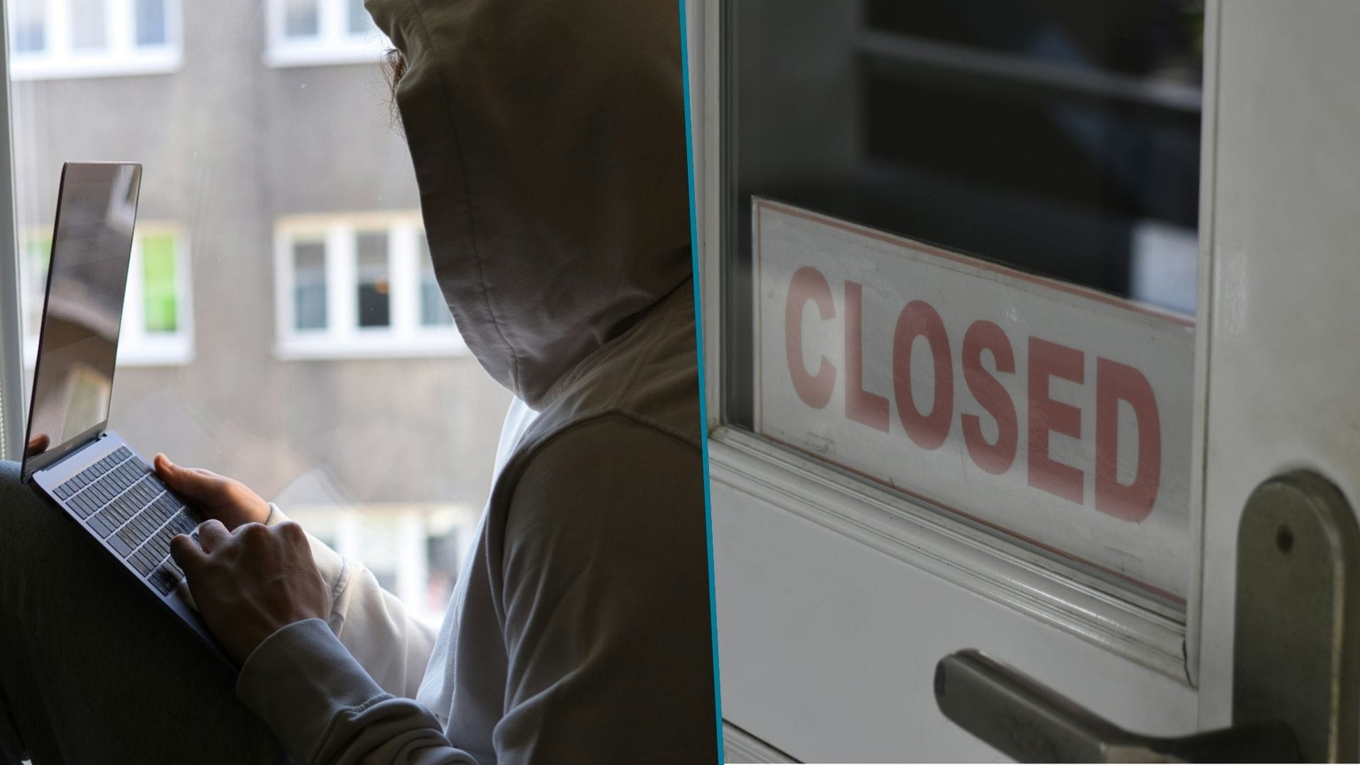 Zdjęcie podzielone na dwie części. Po lewej mężczyzna z kapturem na głowie siedzi na parapecie i trzyma laptopa na kolanach. Za oknem blok z wielkiej płyty. Po prawej drzwi z tabliczką "Closed" na witrynie