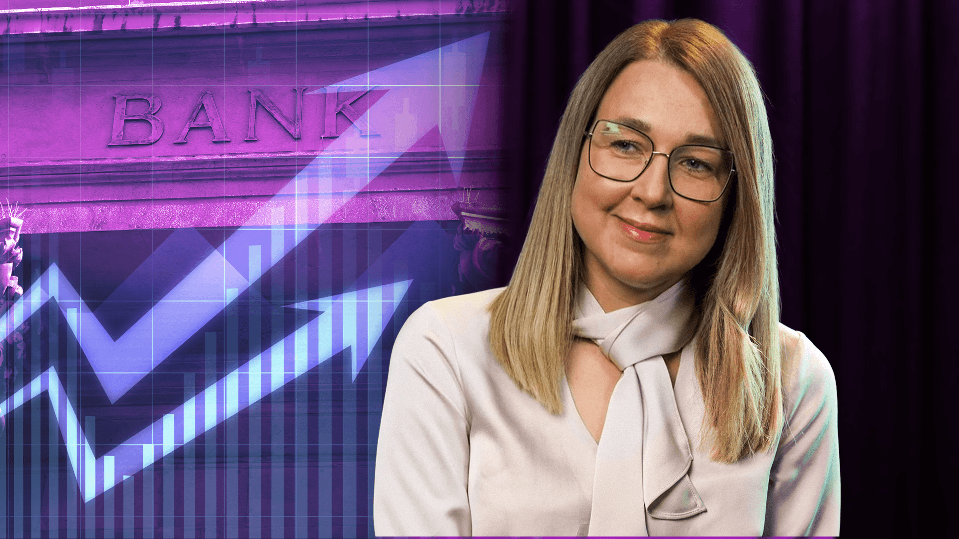 Kobieta z bankiem w tle.