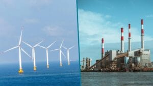 Zdjęcie podzielone na dwie części. Lewa przedstawia Wiatraki kręcące się na spokojnym morzu, zaś prawa - fabrykę z kominami nad wodą.