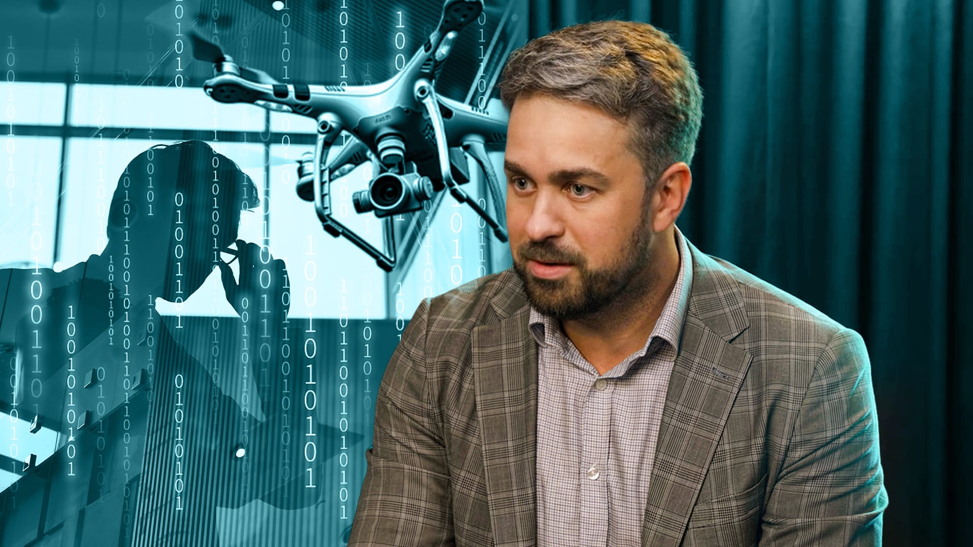 Mężczyzna z dronem i danymi cyfrowymi.