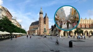 Kraków, rynek, architektura, ludzie, ptaki