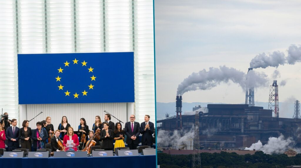 Zdjęcie podzielone na dwie części. Po lewej posiedzenie Parlamentu Europejskiego; nad deputowanymi widać wielką flagę Unii Europejskiej. Po prawej kominy przemysłowe fabryk.