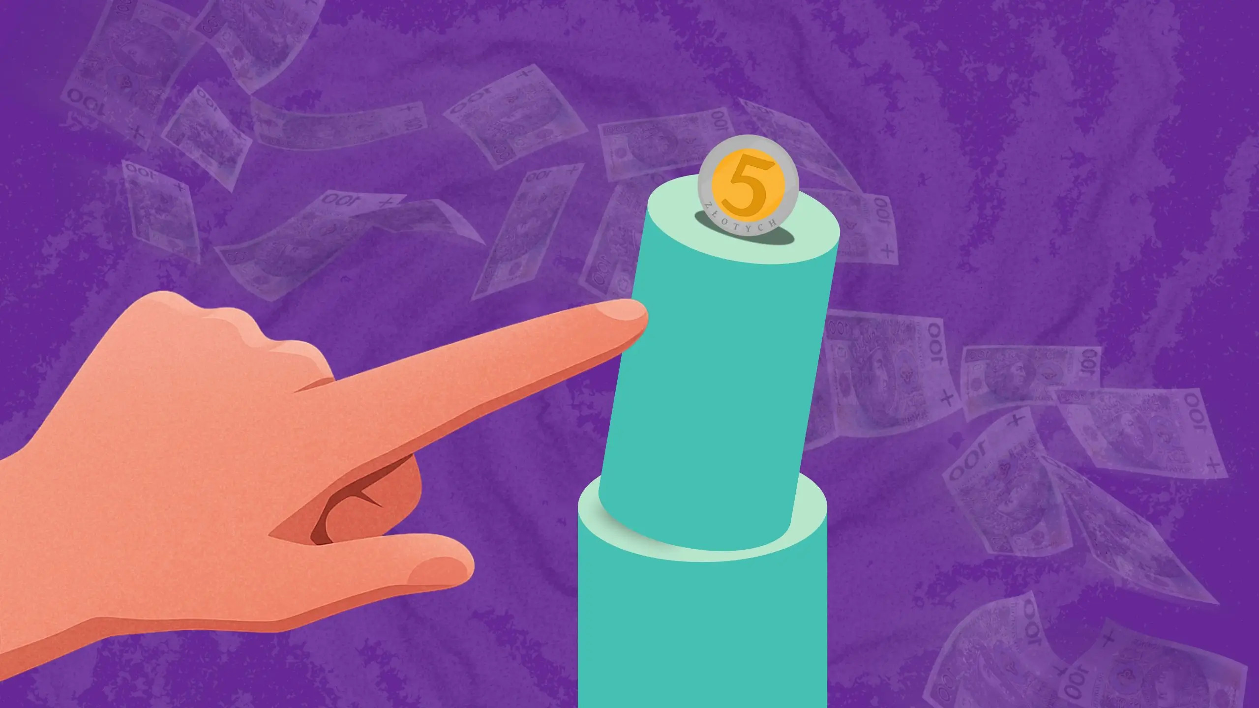 Moneta na cylindrze, w tle banknoty imitujące wiatr