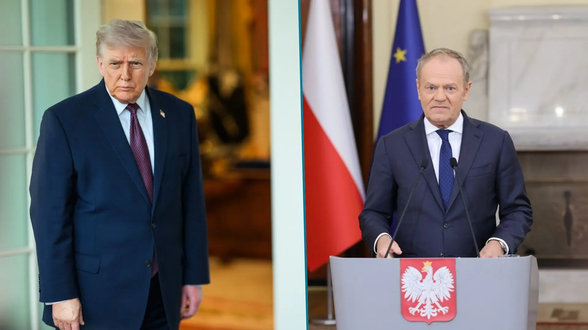 Zdjęcie podzielone na dwie części. Po lewej Donald Trump na tle wejścia do Gabinetu Owalnego. Po prawej Donald Tusk w garniturze na konferencji prasowej przy mównicy z godłem Polski. Za nim flagi polskie i unijne