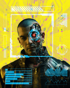 Cyborg w futurystycznym otoczeniu.