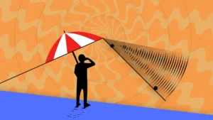 Człowiek z parasolem na tle spirali