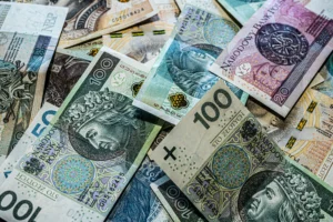 Wiele polskich banknotów na stole.