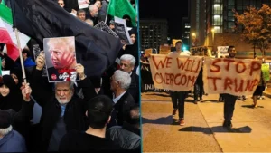 Zdjęcie podzielone na pół. Po lewej stronie ujęcie z góry na protestujących w Iranie przeciwko polityce Donalda Trumpa - w centrum mężczyzna trzymający plakat z wizerunkiem prezydenta i odciśniętą na nim czerwoną dłonią. Po prawej stronie protestujący w USA przeciwko Trumpowi, niosący krytyczne hasła wobec prezydenta wymalowane na białych prześcieradłach.