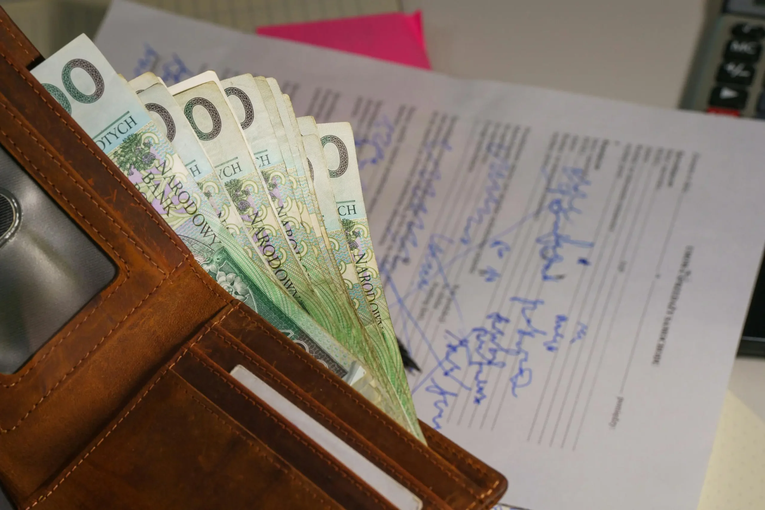 Brązowy portfel, z którego wystaje plik banknotów stuzłotowych na tle zapisanego niebieskim tuszem formularza.