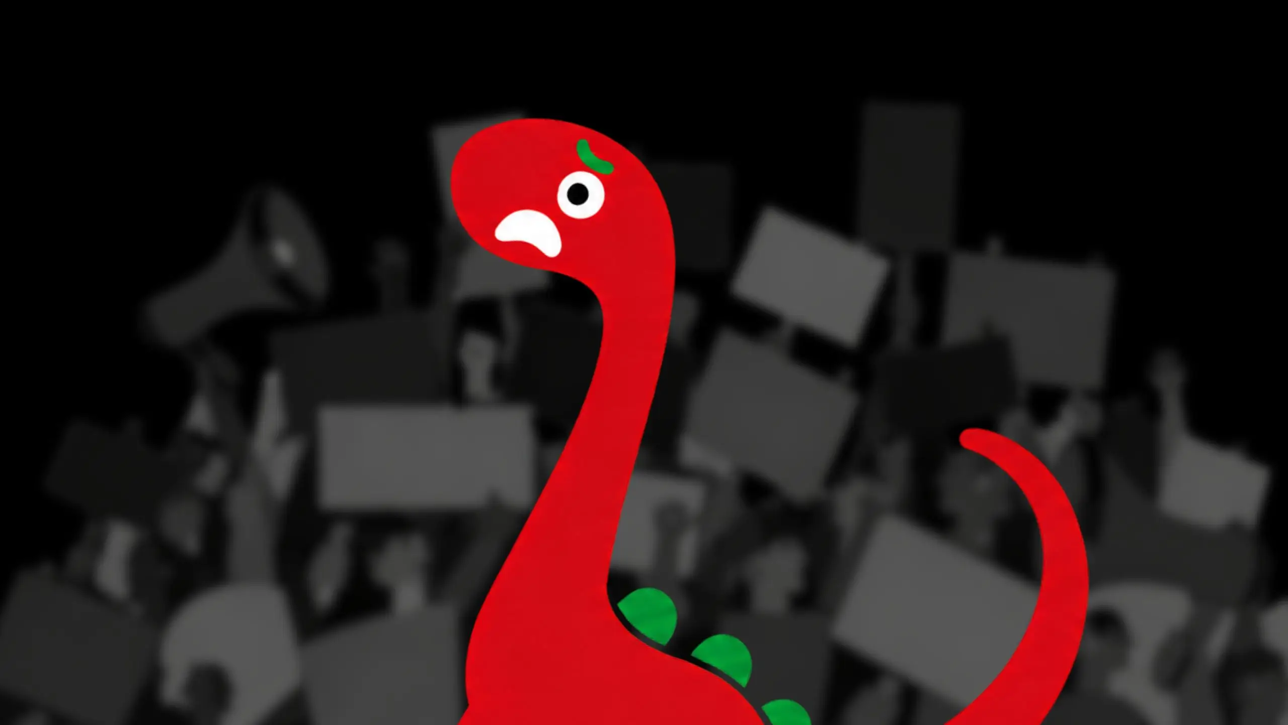 Czerwony dinozaur z przerażoną miną wśród protestujących.