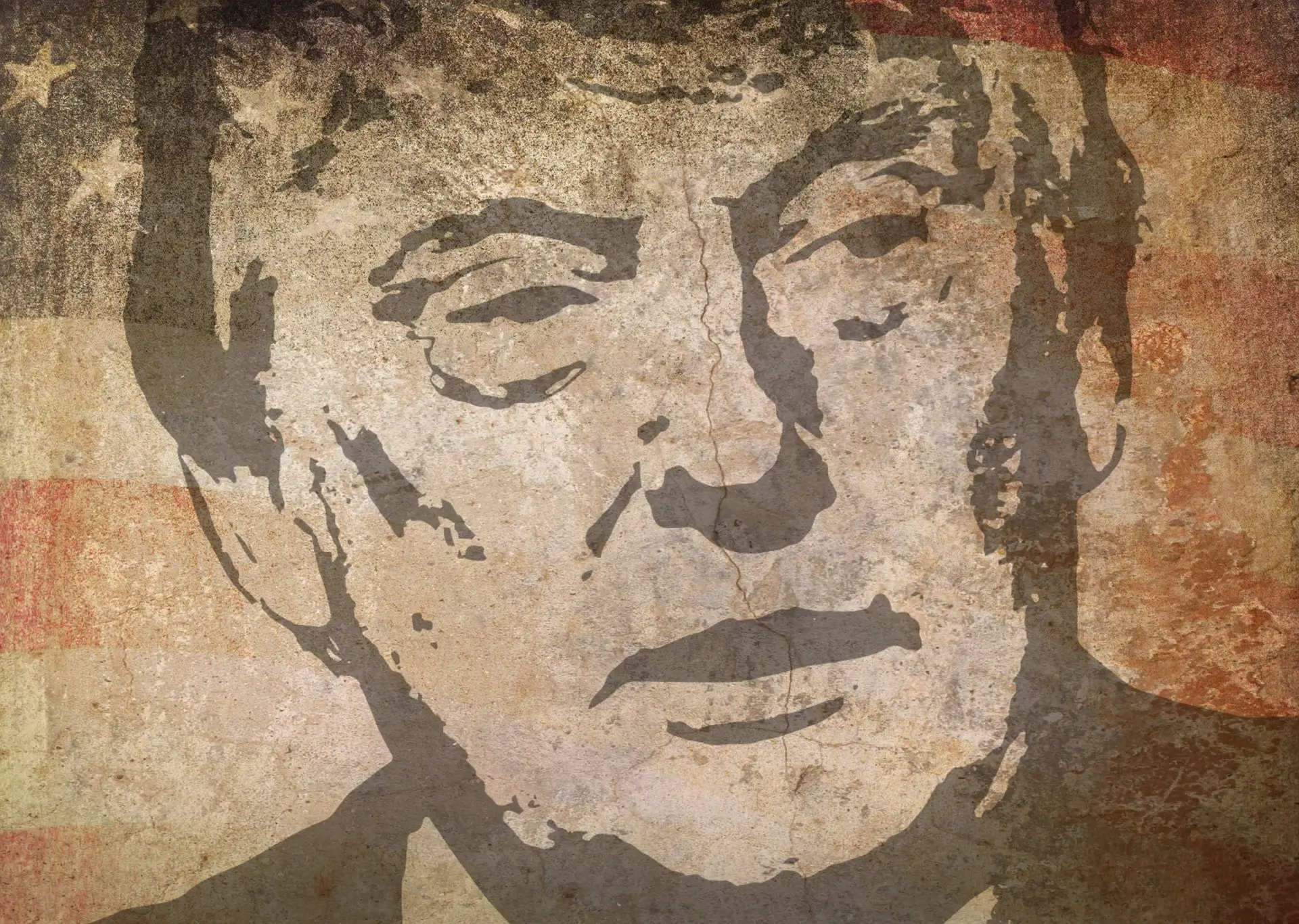 Wizerunek prezydenta USA Donalda Trumpa na tle wypłowiałej, amerykańskiej flagi