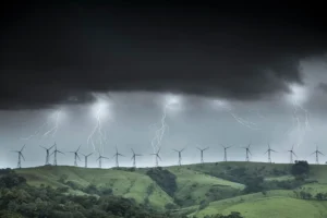 Zdjęcie przedstawia burzę nad farmą wiatrową.