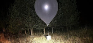 Balon w nocy przy drzewach.