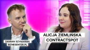Grafika przedstawiająca Damiana Szymańskiego i Alicję Ziemlińską w trakcie rozmowy na różowo-fioletowym tle