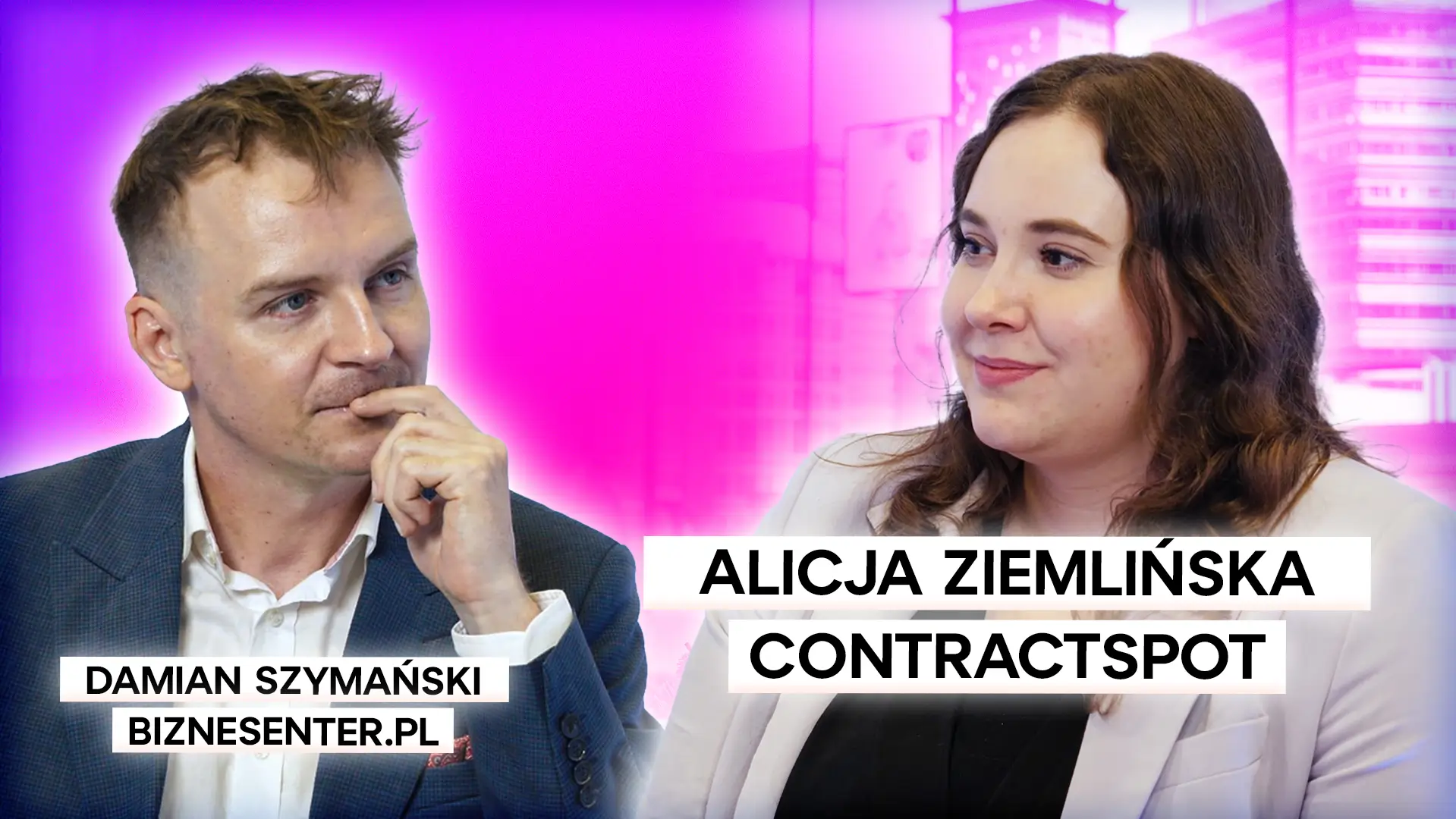 Grafika przedstawiająca Damiana Szymańskiego i Alicję Ziemlińską w trakcie rozmowy na różowo-fioletowym tle