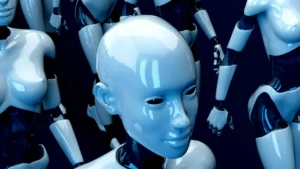Zdjęcie przedstawia roboty stojące w szyku w hali.